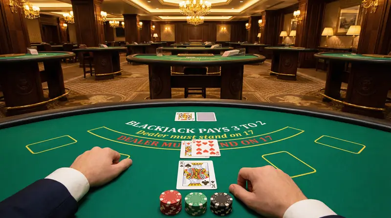 Mesa de blackjack desde perspectiva del jugador en Juegos de Poker