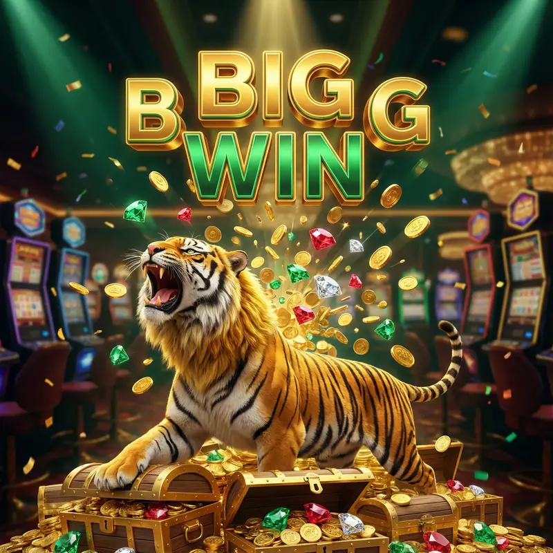 Celebración de jackpot masivo con tigre rugiendo